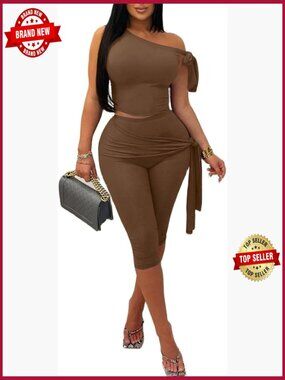 One Shoulder Crop Top & Capri Pants Set Sleeveless Bodycon 2 Piece